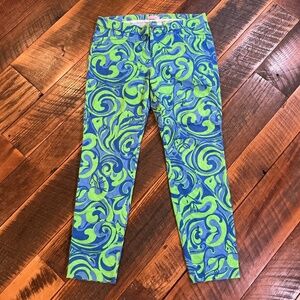 Lilly Pulitzer Blue Green Swirl Print Skinny Pants Size Small Cotton Blend